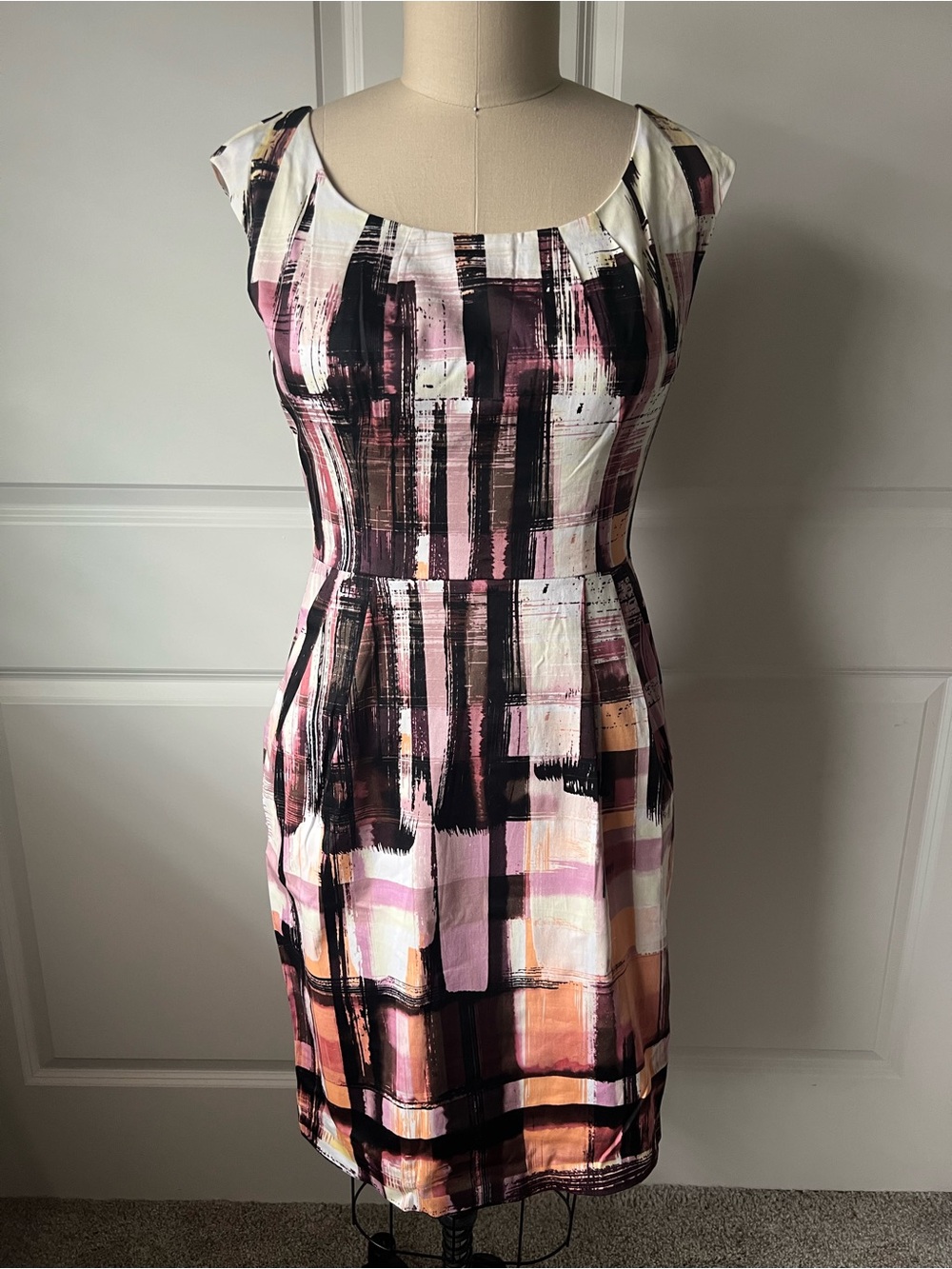 Maggy London Pink Black Cream Abstract Print Midi Dress